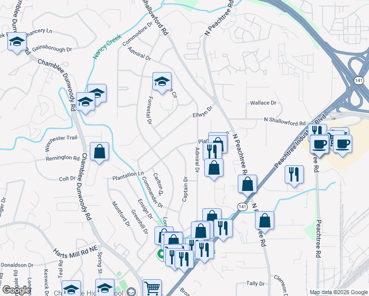map of restaurants, bars, coffee shops, grocery stores, and more near 2122 Plantation Lane in Chamblee