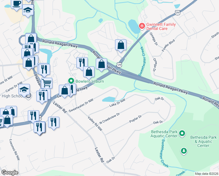 map of restaurants, bars, coffee shops, grocery stores, and more near 3355 Sweetwater Drive Northwest in Lawrenceville