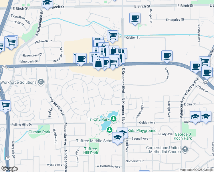 map of restaurants, bars, coffee shops, grocery stores, and more near 3002 Blackwood Court in Fullerton