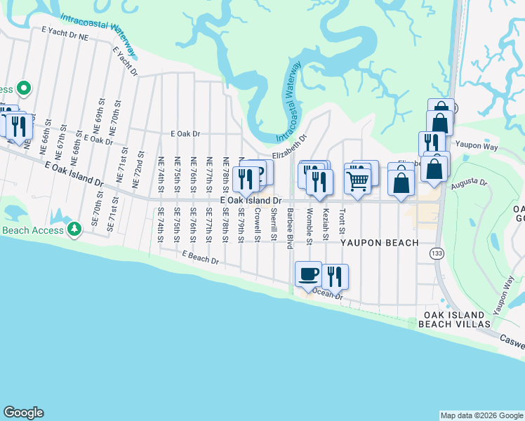 map of restaurants, bars, coffee shops, grocery stores, and more near 404 Sherrill Avenue in Oak Island