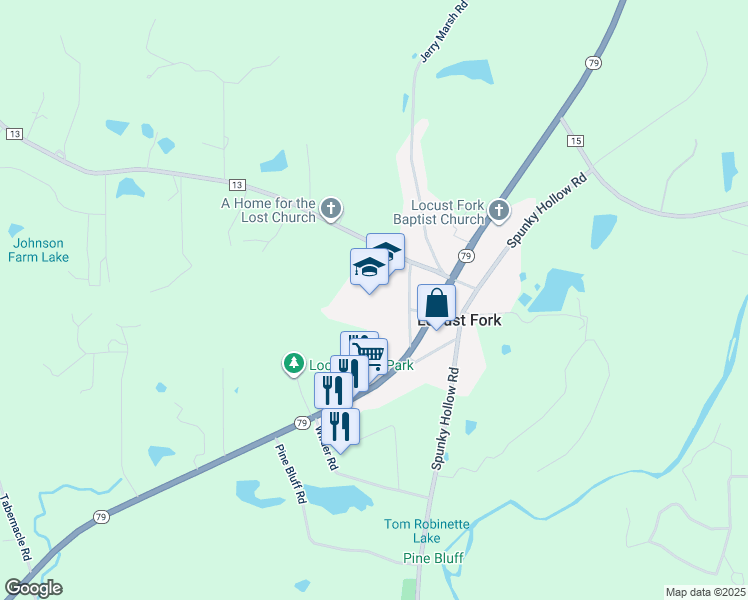 map of restaurants, bars, coffee shops, grocery stores, and more near 77 School Road in Locust Fork