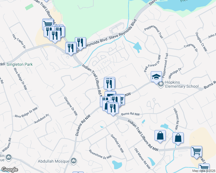 map of restaurants, bars, coffee shops, grocery stores, and more near 1155 Indian Way Northwest in Lilburn