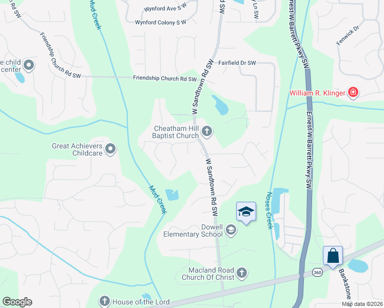 map of restaurants, bars, coffee shops, grocery stores, and more near 1805 Cabot Court Southwest in Marietta