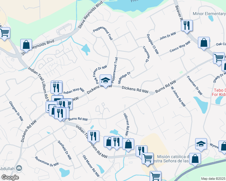 map of restaurants, bars, coffee shops, grocery stores, and more near 1315 Dickens Road Northwest in Lilburn