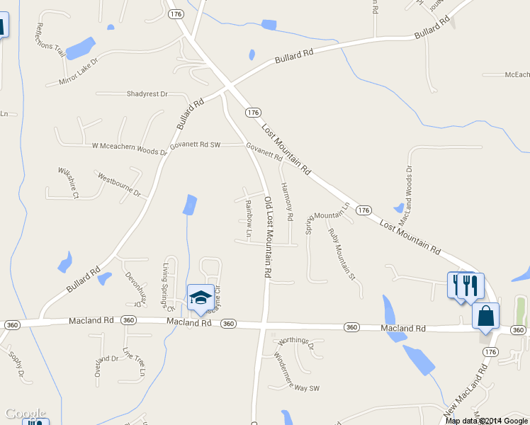 map of restaurants, bars, coffee shops, grocery stores, and more near 1874 Old Lost Mountain Road in Powder Springs