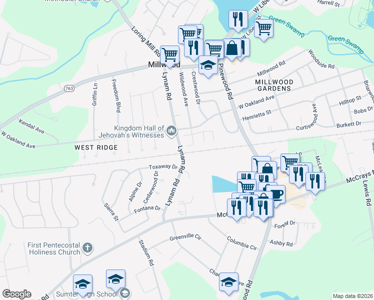 map of restaurants, bars, coffee shops, grocery stores, and more near 385 Wildwood Avenue in Sumter