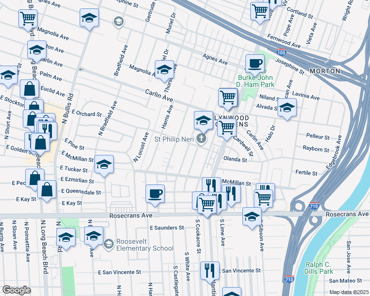 map of restaurants, bars, coffee shops, grocery stores, and more near 1806 North Castlegate Avenue in Compton