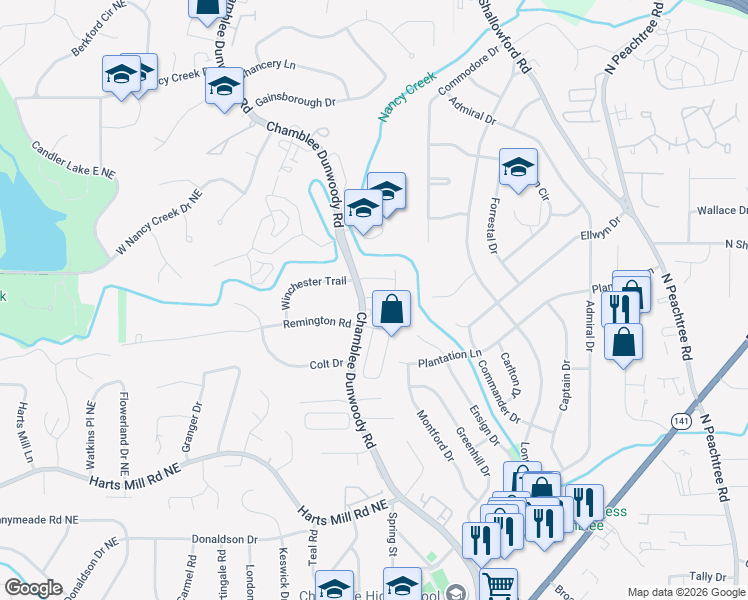 map of restaurants, bars, coffee shops, grocery stores, and more near 4011 Chamblee Dunwoody Road in Chamblee