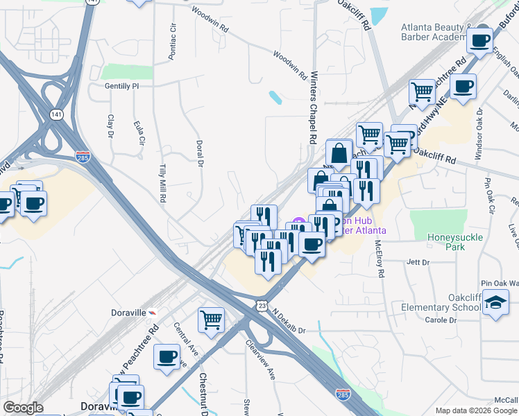 map of restaurants, bars, coffee shops, grocery stores, and more near 4026 Winters Chapel Rd in Atlanta