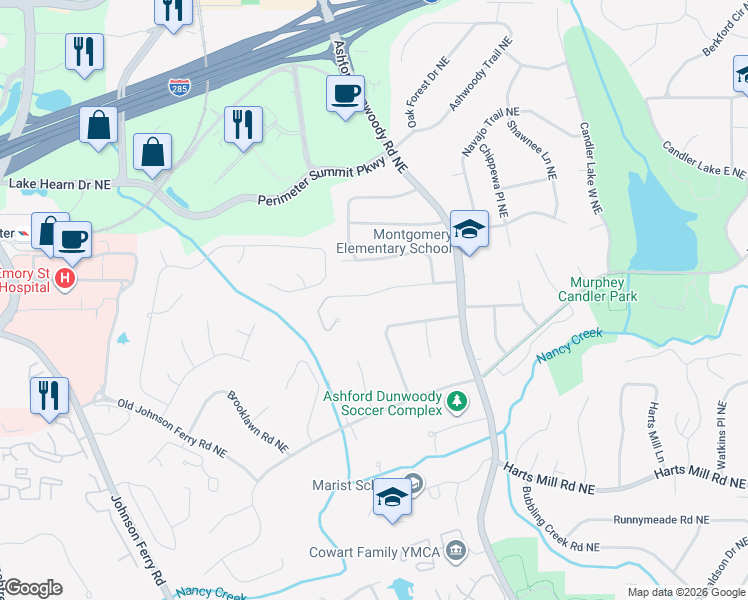 map of restaurants, bars, coffee shops, grocery stores, and more near 1296 Chaucer Lane Northeast in Atlanta