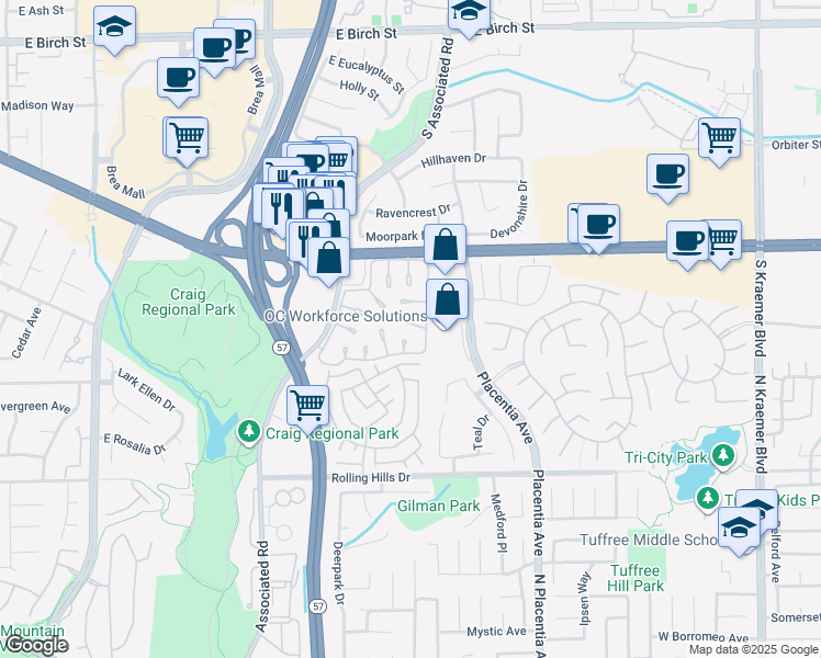 map of restaurants, bars, coffee shops, grocery stores, and more near 2910 Pinewood Court in Fullerton