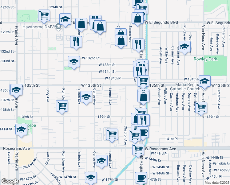 map of restaurants, bars, coffee shops, grocery stores, and more near 13528 Lemoli Avenue in Hawthorne