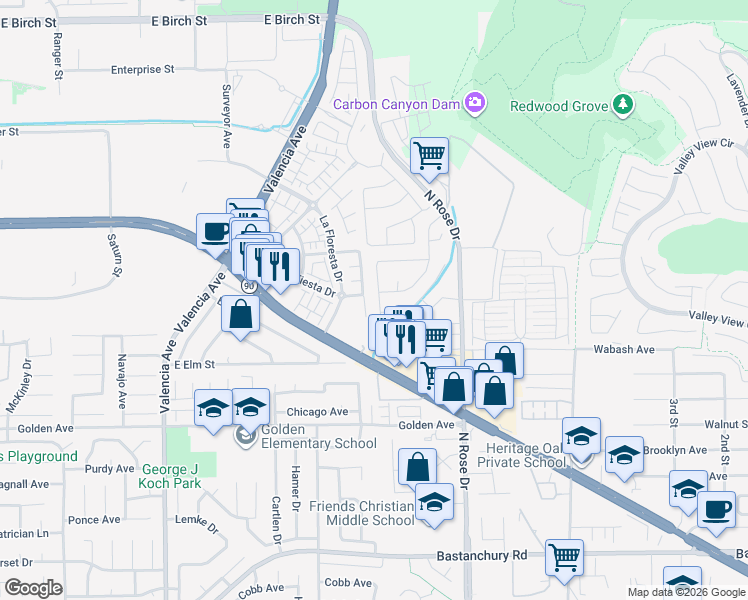 map of restaurants, bars, coffee shops, grocery stores, and more near 397 Tolbert Street in Brea