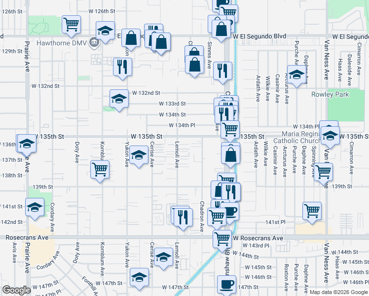 map of restaurants, bars, coffee shops, grocery stores, and more near 13528 1/2 Lemoli Avenue in Hawthorne