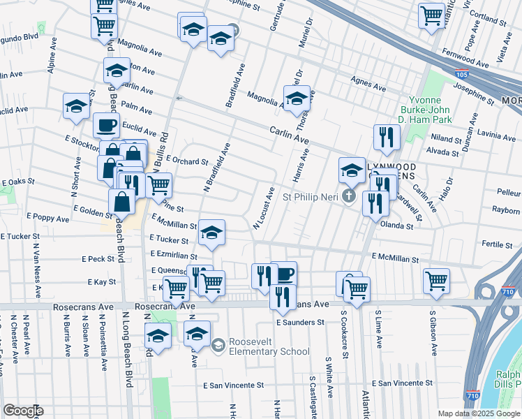 map of restaurants, bars, coffee shops, grocery stores, and more near 2201 North Locust Avenue in Compton