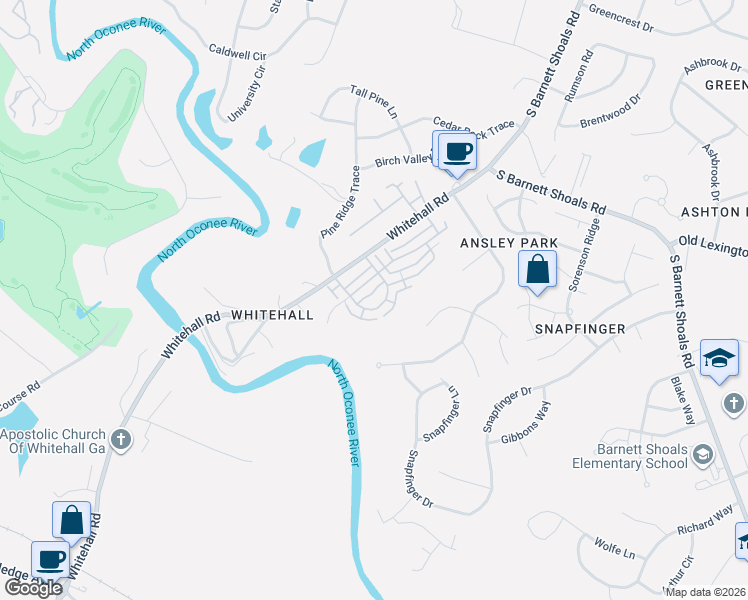 map of restaurants, bars, coffee shops, grocery stores, and more near 221 Center Park Lane in Athens