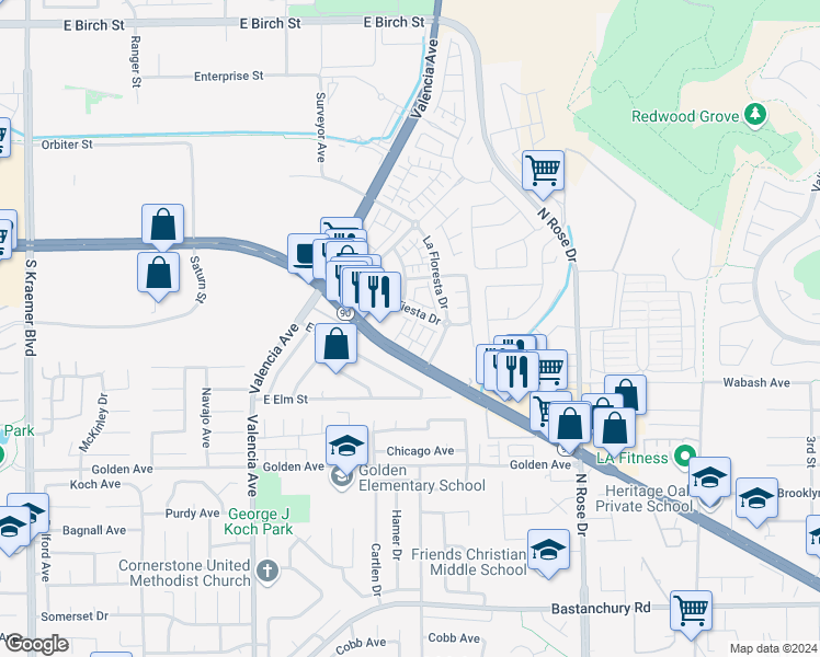 map of restaurants, bars, coffee shops, grocery stores, and more near 453 Estrella Lane in Brea