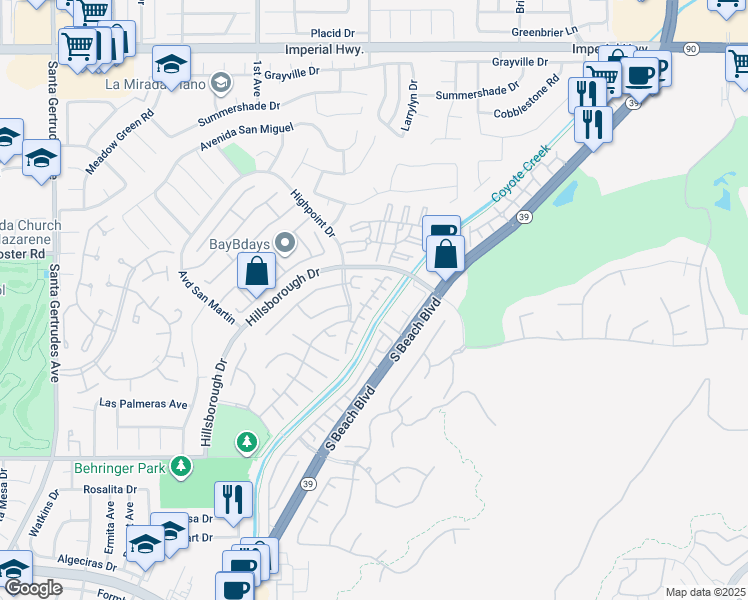 map of restaurants, bars, coffee shops, grocery stores, and more near 13502 Windsor Court in La Mirada
