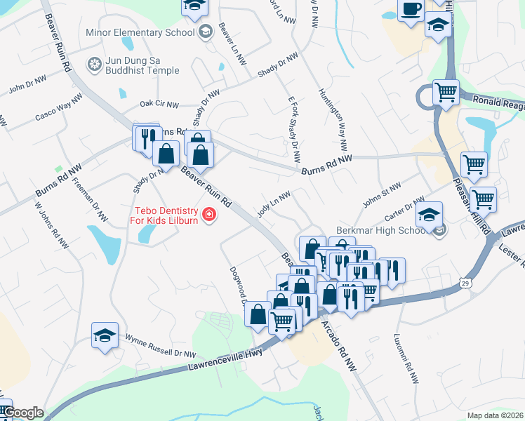 map of restaurants, bars, coffee shops, grocery stores, and more near in Lilburn