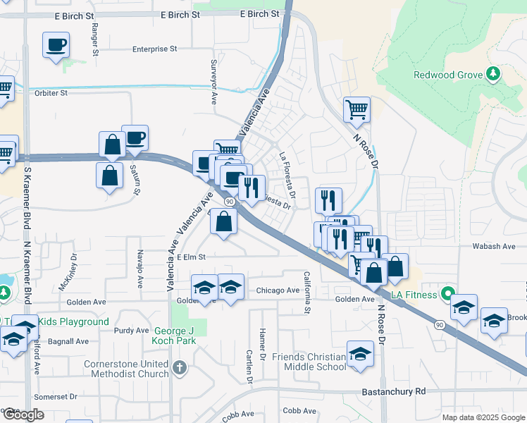map of restaurants, bars, coffee shops, grocery stores, and more near 481 Portoles Lane in Brea