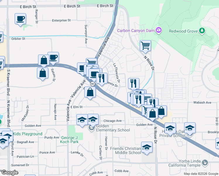 map of restaurants, bars, coffee shops, grocery stores, and more near 453 Estrella Lane in Brea