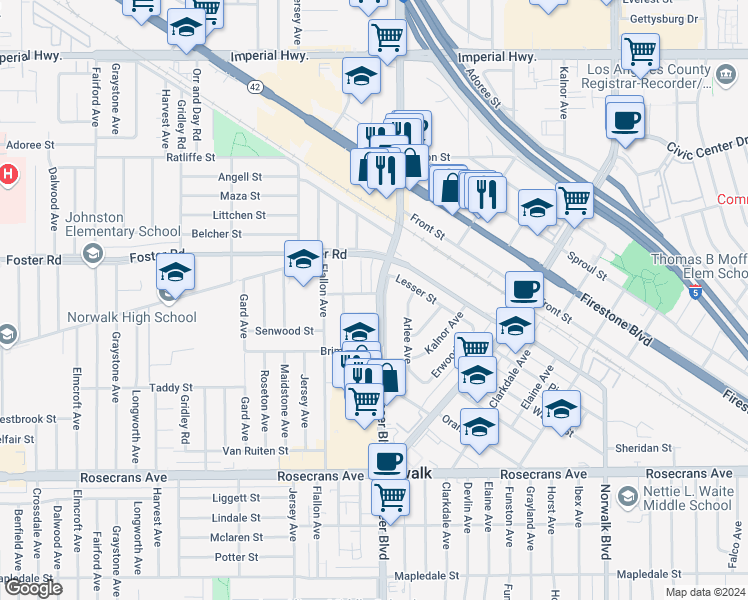 map of restaurants, bars, coffee shops, grocery stores, and more near 11752 Hoback Street in Norwalk