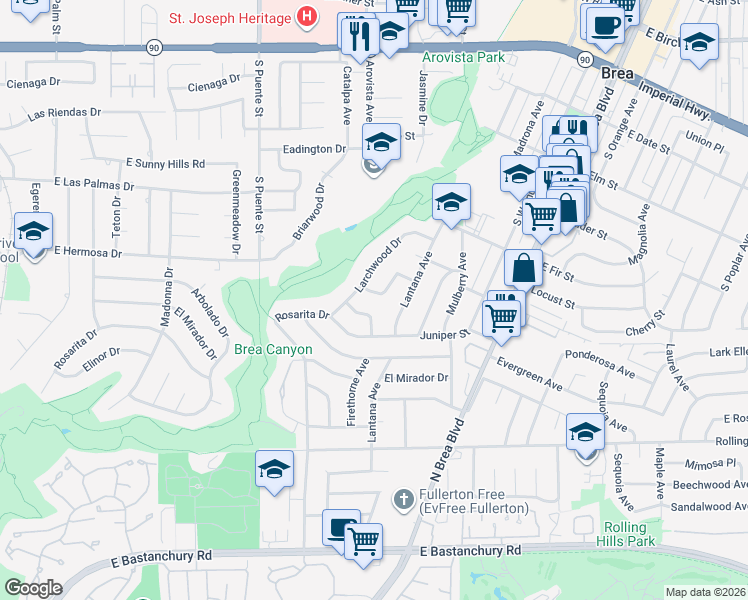 map of restaurants, bars, coffee shops, grocery stores, and more near 920 Wildrose Drive in Brea