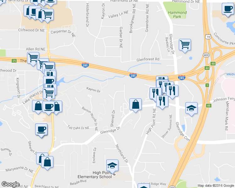 map of restaurants, bars, coffee shops, grocery stores, and more near 5631 Sherrell Drive in Atlanta