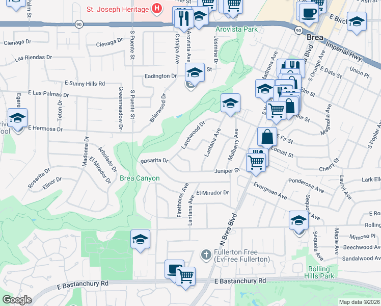 map of restaurants, bars, coffee shops, grocery stores, and more near 920 Wildrose Drive in Brea