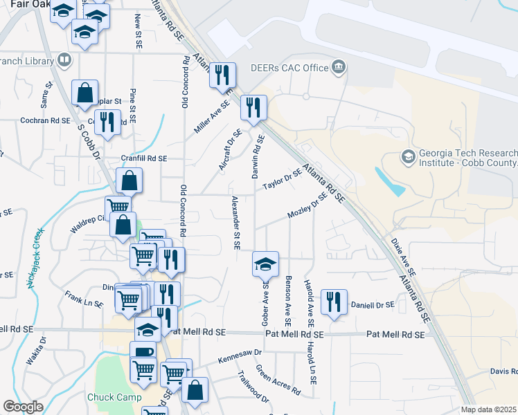 map of restaurants, bars, coffee shops, grocery stores, and more near 1835 Hawkins Street Southeast in Smyrna