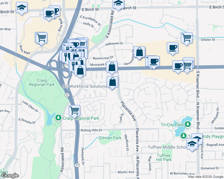 map of restaurants, bars, coffee shops, grocery stores, and more near 675 Placentia Avenue in Brea