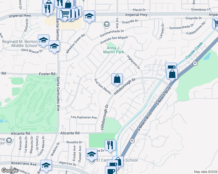 map of restaurants, bars, coffee shops, grocery stores, and more near 16010 Ranch Lane in La Mirada