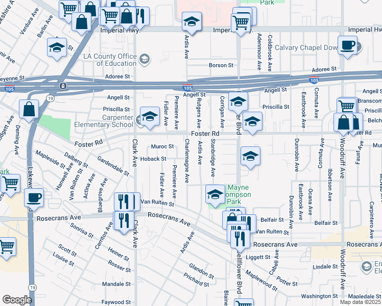 map of restaurants, bars, coffee shops, grocery stores, and more near 13426 Charlemagne Avenue in Bellflower