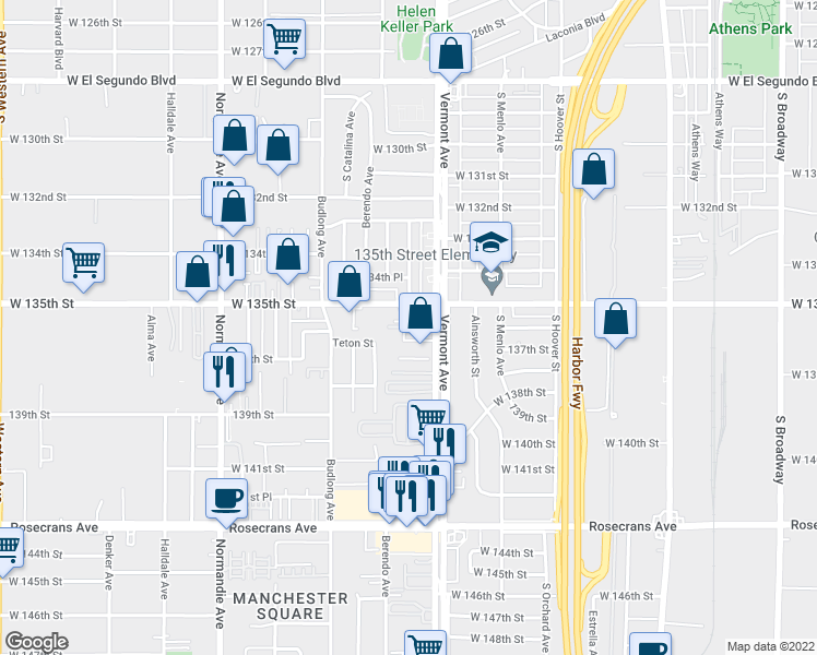 map of restaurants, bars, coffee shops, grocery stores, and more near 13503 Vermont Avenue in Gardena