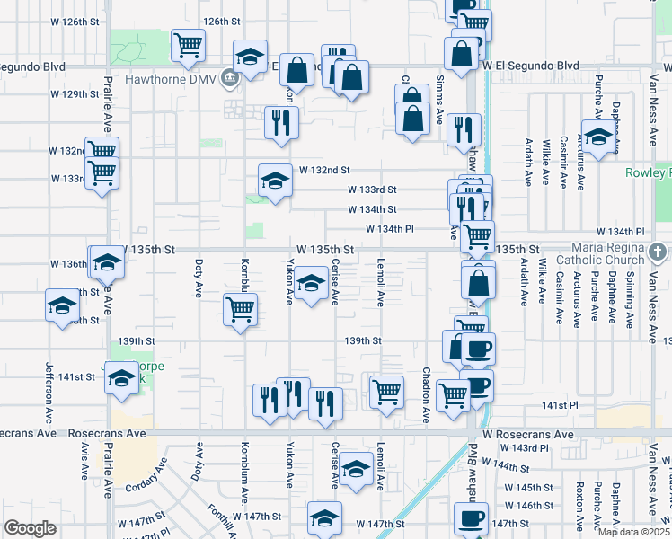 map of restaurants, bars, coffee shops, grocery stores, and more near 3514 West 135th Street in Hawthorne