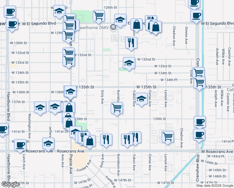 map of restaurants, bars, coffee shops, grocery stores, and more near 13525 Kornblum Avenue in Hawthorne