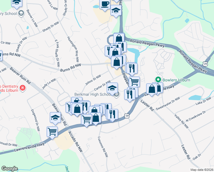 map of restaurants, bars, coffee shops, grocery stores, and more near 3978 Carter Drive Northwest in Lilburn
