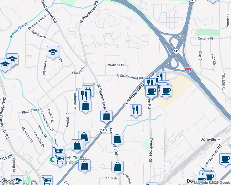 map of restaurants, bars, coffee shops, grocery stores, and more near 3959 Forrest Court in Chamblee