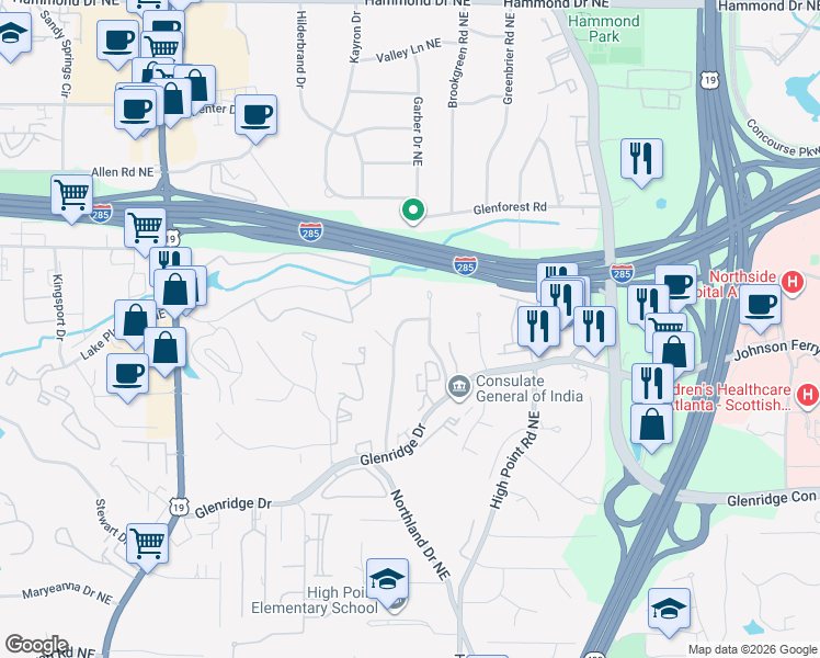 map of restaurants, bars, coffee shops, grocery stores, and more near 5631 Sherrell Drive in Atlanta