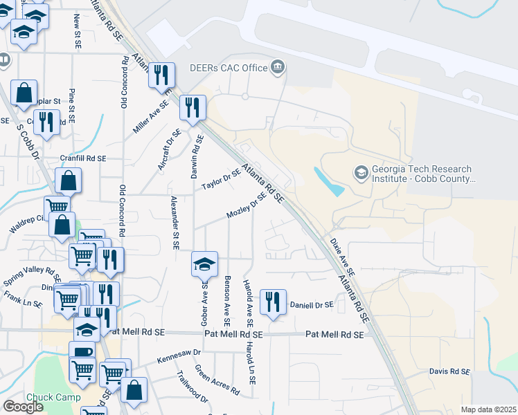 map of restaurants, bars, coffee shops, grocery stores, and more near 1800 Atlanta Road Southeast in Smyrna
