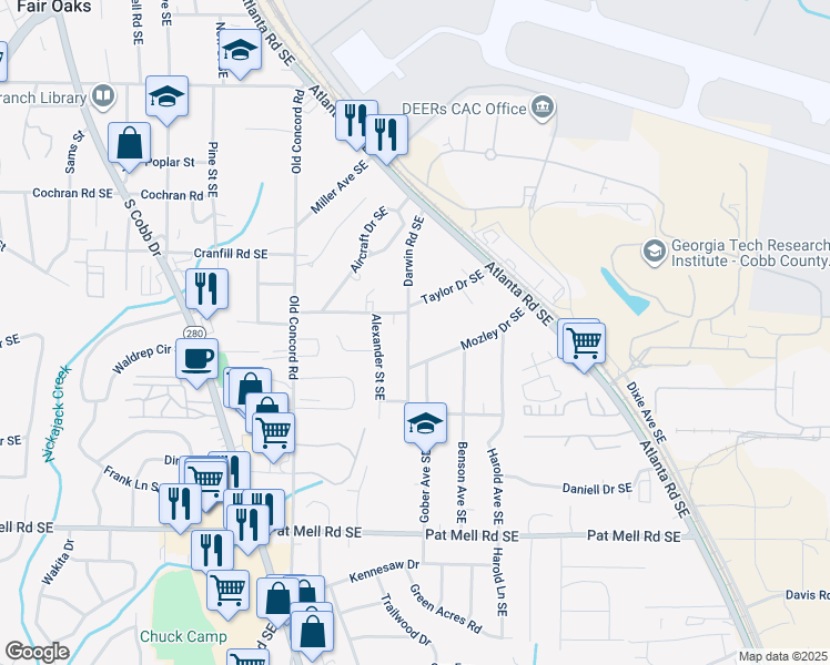 map of restaurants, bars, coffee shops, grocery stores, and more near 1835 Hawkins Street Southeast in Smyrna
