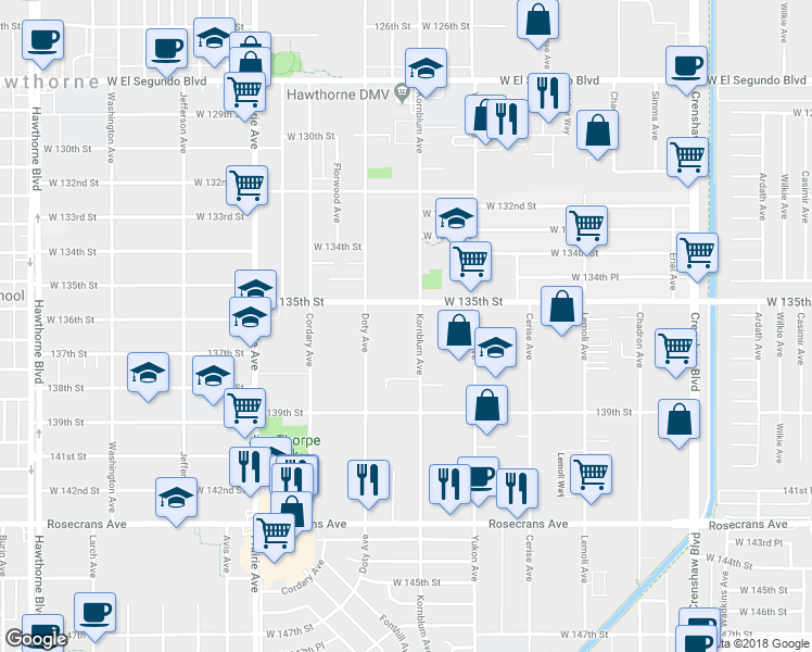 map of restaurants, bars, coffee shops, grocery stores, and more near 13525 Kornblum Avenue in Hawthorne