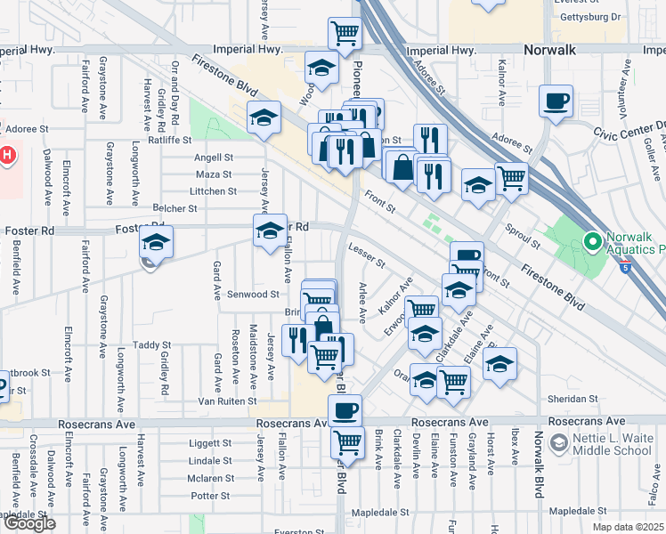 map of restaurants, bars, coffee shops, grocery stores, and more near 11752 Hoback Street in Norwalk