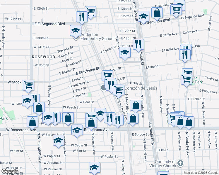 map of restaurants, bars, coffee shops, grocery stores, and more near 15953 South Willowbrook Avenue in Compton