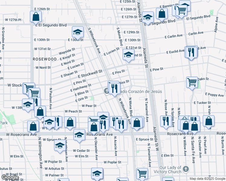 map of restaurants, bars, coffee shops, grocery stores, and more near 15953 South Willowbrook Avenue in Compton