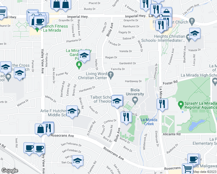 map of restaurants, bars, coffee shops, grocery stores, and more near 13514 Heflin Drive in La Mirada