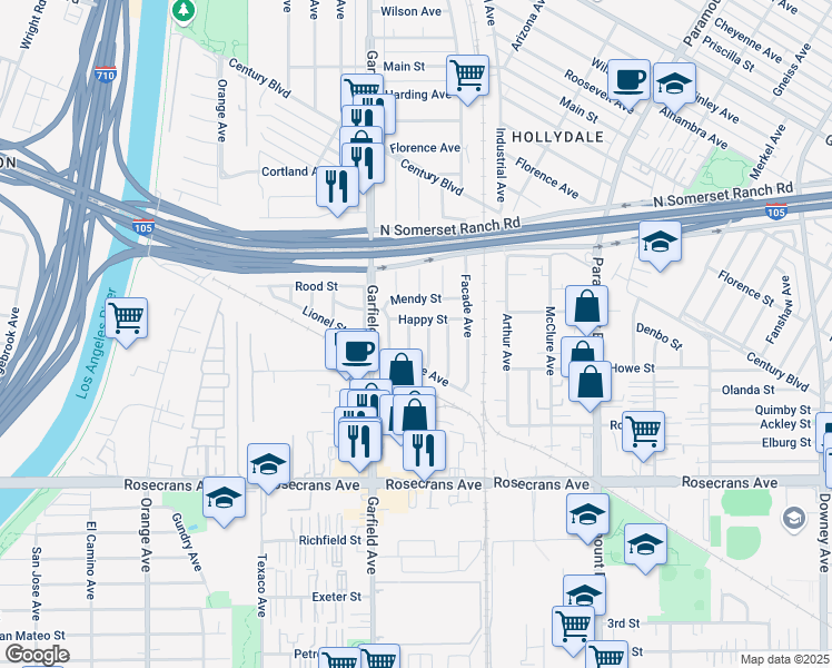 map of restaurants, bars, coffee shops, grocery stores, and more near 7559 Happy Street in Paramount