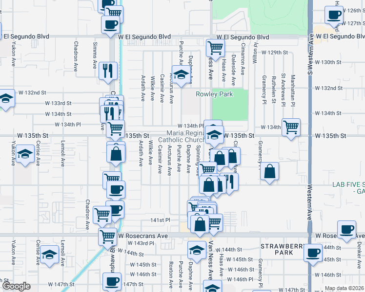 map of restaurants, bars, coffee shops, grocery stores, and more near 13516 Purche Avenue in Gardena