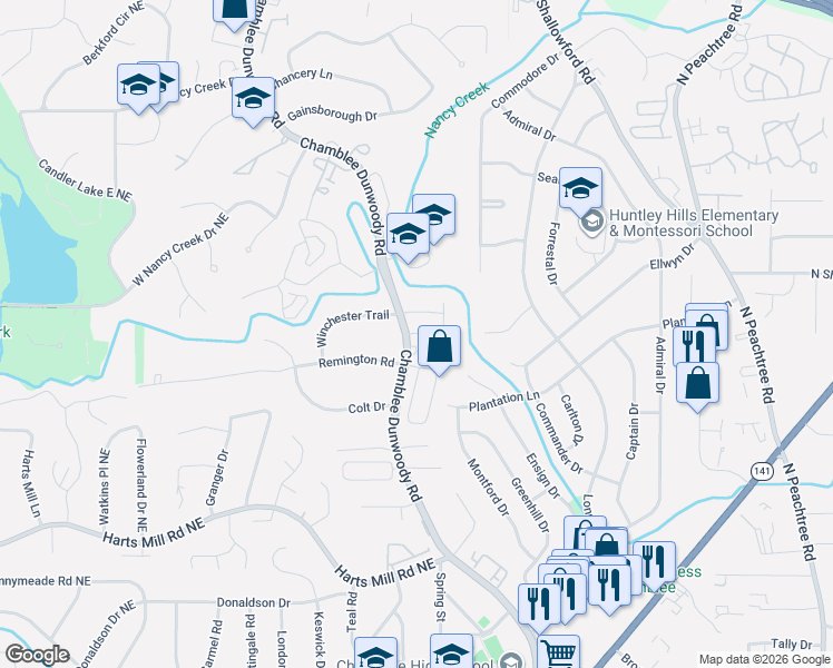 map of restaurants, bars, coffee shops, grocery stores, and more near 4011 Chamblee Dunwoody Road in Chamblee