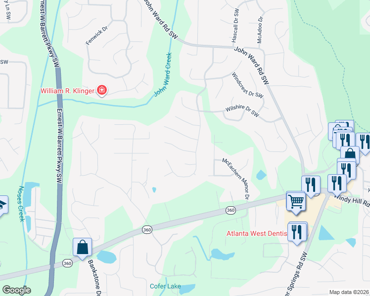 map of restaurants, bars, coffee shops, grocery stores, and more near 2145 Kensington Court Southwest in Marietta